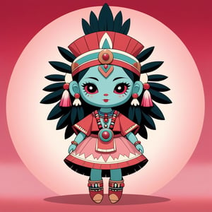 Akbaba with dull-red and light-red-pink palette with background in kachina doll art style