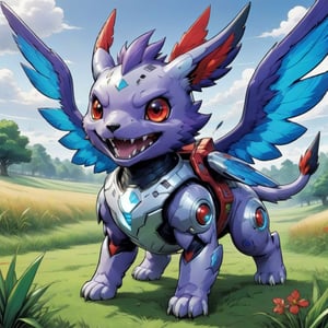 A small-sized digimon capable of flying using the ear-like parts growing from its head and it can use its ears skillfully like hands and has a prank-loving personality, colors are primarily light-gray-blue-purple with red eyes, flying above grass on a stormy day,comic book