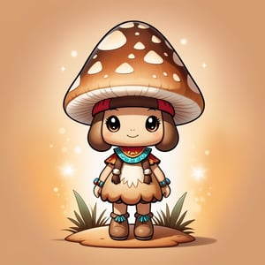 Mushroom with light-tan and brown palette with background in kachina doll art style