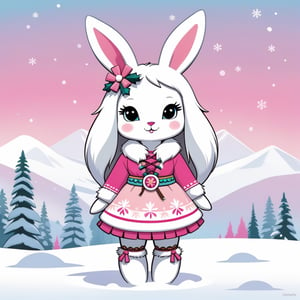 Snow Bunny with White and pink palette with background in kachina doll art style