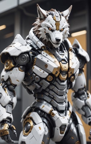 An Angry brown Wolf Robot Mecha Soldier, Angry Agile Anthropomorphic Figure, Wearing Futuristic White and Gray Soldier Armor and Weapons, Reflection Mapping, Realistic Figure, Hyper Detailed, Cinematic Lighting Photography, 32k UHD