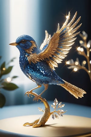blurry, no humans,blue  bird, animal, flying, realistic, animal focus, gold tree Crystal sculpture in the shape of a bird ,glitter