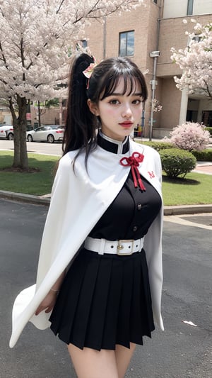 masterpiece, best quality, highres, aakanao, long hair, side ponytail, hair ornament, white cape, red ribbon, black jacket, long sleeves, belt, pleated skirt, black skirt, standing, cowboy shot, leaning forward, arms behind back, smile, open mouth, outdoors, cherry blossoms,