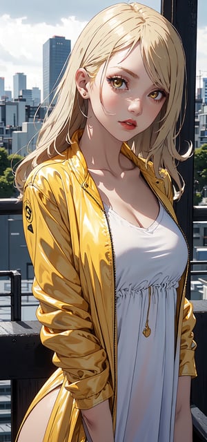 A girl dressed in a tight mini jacket and a nightgown, saturated golden hair, , with carbon fiber hands, against a gloomy background of the daytime city of Tokyo, a view of the upper body. details - eyes, details-face, details-lips, details-eyes - intensely yellow.(landscape: 1.2),