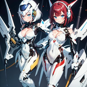 Extreme detail,1girl, (deep red hair), blue eyes, bob cut, headphone,smile,average breasts, blush, glow, thighs, bare shoulders, collarbone, narrow waist, cleavage, (masterpiece), mecha musume, [mecha musume, mechanical arms, headgear],(shiny latex white bodysuit:1.5),,starry sky background 