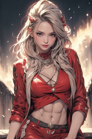 4k,best quality,masterpiece,20yo 1girl,(red suit and pants, alluring smile, head ornaments 

(Beautiful and detailed eyes),
Detailed face, detailed eyes, red eyes, double eyelids ,thin face, real hands, muscular fit body, semi visible abs, ((short hair with long locks:1.2)), pastel red hair, aurora fire background, painted brush ink background


real person, color splash style photo,
