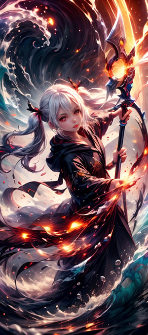 1girl, white hair, twin tails, highly detailed face, detailed eyes, full lips, wearing a death reaper robe with hood down, action pose, holding a weapon scythe, body of water, swirling water, style-swirlmagic, explosionmagic ,explosionmagic 