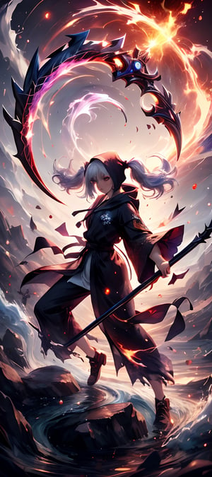 1girl, white hair, twin tails, wearing a death reaper robe with hood down, action pose, holding a weapon scythe, body of water, swirling water, style-swirlmagic, explosionmagic ,explosionmagic 