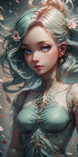 (full_body_view:1.3), (1cute girl), long (blue_gold curly hair), (green eyes), (wearing a beautiful baby blue lace dress). finely crafted (marble skin), (splat art background), (eye_detail, background_detail, face_detail, hair_detail), more_detail, add_detail, cute_face, perfecteyes, High detailed ,Imaginative_Melodies, flower petals, romantic lighting, upward wind, wind blowing up, 