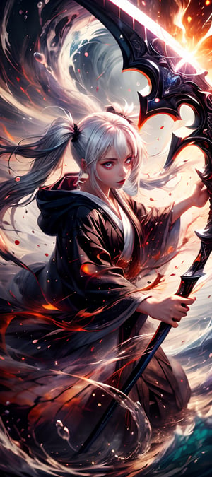 1girl, white hair, twin tails, highly detailed face, detailed eyes, full lips, wearing a death reaper robe with hood down, action pose, holding a weapon scythe, body of water, swirling water, style-swirlmagic, explosionmagic 