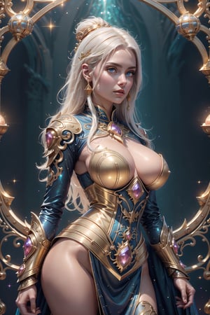 best quality, high resolution, 8k, realistic, sharp focus, photorealistic image of a graceful white haired lady, blue eyes, this lady wearing golden armor with golden magical bell in her possesion, shiny skin, ice theme, huoshen, zhurongshi, huoshen, blurry_light_background, EpicSky,1 girl,with huge boobs,High detailed ,BiophyllTech,glitter,DonMDj1nnM4g1cXL ,potcoll,DonMBl00mingF41ryXL ,bimbo,(nsfw:0.7)