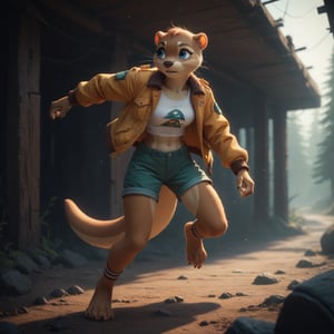 Score_9, score_8_up, score_7_up, bright colors, vivid colors, furry, female otter bigfoot researcher looking for bigfoot in an abandoned summer camp, midriff, jacket, shorts, blue eyes, cute, eerie atmosphere, action pose,