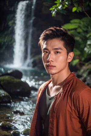 Real, raw, photo, Realistic photography (portrait) ,magmix handsome thai men , night , waterfall