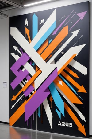 Front view of a graffiti museal artwork displayed on a panel hanged on the shiny white wall inside a futuristic museum. BREAK The artwork is an (amazing and captivating street art piece:1.4), (3D style:1.8), ((abstract painting:1.3)), minimalistic geometric design, (layered medium:1.4), orange, purple, pale blue, (grunge style), (frutiger style:1.6), (2004 aesthetics:1.2), (beautiful vector shapes:1.2) with letter blocks, cross \(symbol\), (arrow \(symbol\):1.4), diamond \(symbol\), bright colors. The artwork has (black background:1.4), sharp details, oversatured, artint, art_booster. BREAK Wide shot, sharp focus, bright shiny white room