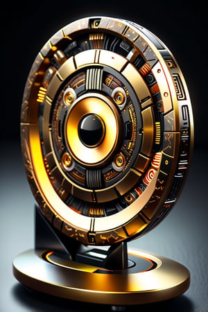 A full shot of a mysterious tecnological object coming from a lost civilization of an ancient past. It is a rock and gold disc made up of five concentric bands filled with the most intricate and sophisticated mechanisms ever seen, (extremely intricate details:1.8), obsessive geometric precision. The disk is supported by a sci-fi display. Centered in the scene, detailed and intricate, masterpiece, DonMCyb3rN3cr0XL 