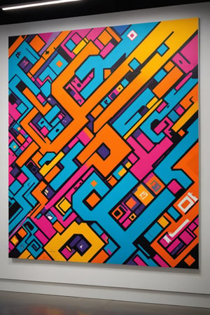 Front view of a graffiti museal artwork displayed on a panel hanged on the white wall inside a futuristic museum. The artwork is (an amazing and captivating street art piece:1.4), ((abstract painting:1.3)), colorful geometric design, (grunge style:1.2), (frutiger style:1.4), (colorful), (2004 aesthetics:1.2), (beautiful vector shapes:1.3) with letter blocks, x \(symbol\), arrow \(symbol\), gradient background, sharp details. Bright colors, artint
