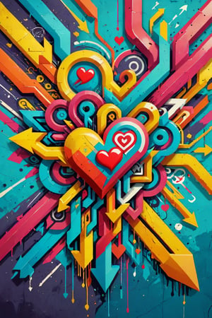 A 3D style artwork that shows (an amazing and captivating street art piece:1.4), ((abstract painting:1.3)), colorful geometric design, (grunge style:1.2), (frutiger style:1.4), (colorful), (2004 aesthetics:1.2),(beautiful vector shapes:1.3), with (the text ART":1.1), text block. Swirls, x \(symbol\), arrow \(symbol\), heart \(symbol\), gradient background, sharp details, oversaturated. Highest quality, detailed and intricate, original artwork, trendy, mixed media, vector art, vintage, award-winning. Bright colors, close shot, artint, art_booster,make_3d