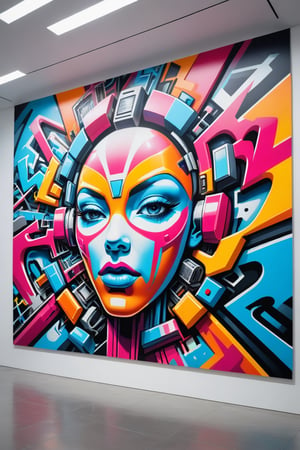 Front view of a graffiti museal artwork displayed on the white wall inside a futuristic museum. Bright colors, close shot. 