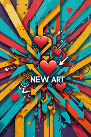 A 3D style artwork that shows (an amazing and captivating street art piece:1.4), ((abstract painting:1.3)), layered medium,  colorful geometric design, (grunge style:1.2), (frutiger style:1.4), (colorful), (2004 aesthetics:1.2),(beautiful vector shapes:1.3), with (the text "NEW-ART":1.6), text block. Swirls, x \(symbol\), arrow \(symbol\), heart \(symbol\), gradient background, sharp details, oversaturated. Highest quality, detailed and intricate, original artwork, trendy, mixed media, vector art, vintage, award-winning. Bright colors, close shot, artint, art_booster,make_3d