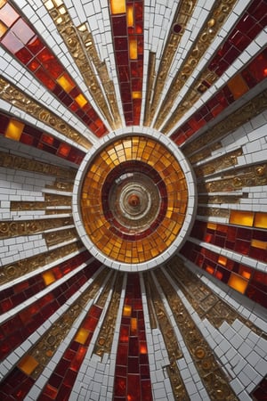 A three-quarter view museal artistic (mosaic displayed on a panel:1.2). The panel is hanged on a shiny white wall inside a modern art museum. The artwork represent an abstract vector shapes combination, higly detailed and intricate, made of orange, red colored (small tiles:1.2) of glass joined together with gold, sparkles. Fractal art masterpiece, layered medium, 3D effects, Shi-fi vibes. Wide shot, sharp focus, bright shiny white room,spstation