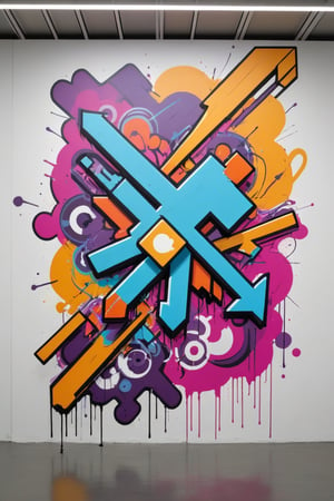 Front view of a graffiti museal artwork displayed on a panel hanged on the white wall inside a futuristic museum. BREAK The artwork is (an amazing and captivating 3D style street art piece:1.4), ((abstract painting:1.3)), colorful minimalistic geometric design, layered medium, (grunge style:1.2), (frutiger style:1.4), ink explosion, (2004 aesthetics:1.2), (beautiful vector shapes:1.3) with letter blocks, x \(symbol\), arrow \(symbol\), (heart \(symbol\):0.8). The artwork has a doodled background, sharp details, make_3d, artint, art_booster. BREAK Wide shot, sharp focus, bright room