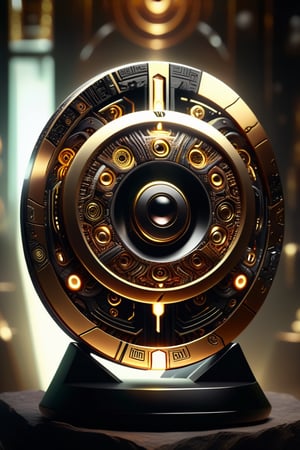 A full shot of a mysterious tecnological object coming from a lost civilization of an ancient past. It is a rock and gold disc made up of five concentric bands filled with the most intricate and sophisticated mechanisms ever seen, (extremely intricate details:1.8), obsessive geometric precision. The disk is supported by a sci-fi display. Centered in the scene, detailed and intricate, masterpiece, DonMCyb3rN3cr0XL ,DonM0ccul7Ru57XL