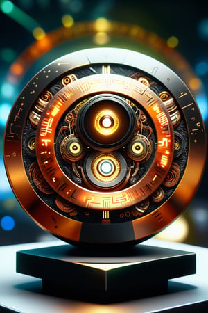 A full shot of a mysterious tecnological object coming from a lost civilization of an ancient past. It is a rock and gold disc made up of five concentric bands filled with the most intricate and sophisticated mechanisms ever seen, (extremely intricate details:1.8), obsessive geometric precision. The disk is supported by a sci-fi display. Centered in the scene, detailed and intricate, masterpiece, DonMCyb3rN3cr0XL ,DonM0ccul7Ru57XL