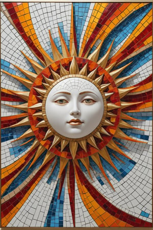 A museal artistic (mosaic displayed on a panel:1.2). The panel is hanged on a shiny white wall inside a modern art museum. The artwork represent an (abstract:1.6) sun and moon combination, higly detailed and intricate, made of orange, red and pale blue colored (small tiles:1.2) of glass joined together with gold. Fractal art masterpiece, layered medium, 3D effects, Shi-fi vibes. Wide shot, sharp focus, bright shiny (white room:1.4)
