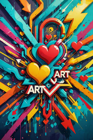 A 3D style artwork that shows (an amazing and captivating street art piece:1.4), ((abstract painting:1.3)), layered medium,  colorful geometric design, (grunge style:1.2), (frutiger style:1.4), (colorful), (2004 aesthetics:1.2),(beautiful vector shapes:1.3), with (the text "ART":1.1), text block. Swirls, x \(symbol\), arrow \(symbol\), heart \(symbol\), gradient background, sharp details, oversaturated. Highest quality, detailed and intricate, original artwork, trendy, mixed media, vector art, vintage, award-winning. Bright colors, close shot, artint, art_booster,make_3d