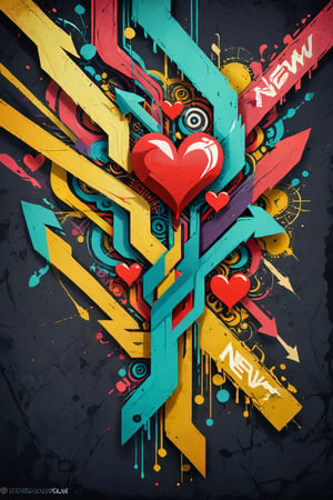 A 3D style artwork that shows (an amazing and captivating street art piece:1.4), ((abstract painting:1.3)), layered medium,  colorful geometric design, (grunge style:1.2), (frutiger style:1.4), (muted colors), (2004 aesthetics:1.2), (beautiful vector shapes:1.3), with (the text "NEW-ART":1.6), text block. Swirls, x \(symbol\), arrow \(symbol\), heart \(symbol\), gradient background, sharp details, oversaturated. Dark background. Highest quality, detailed and intricate, original artwork, trendy, mixed media, vector art, vintage, award-winning. Bright colors, close shot, artint, art_booster,make_3d