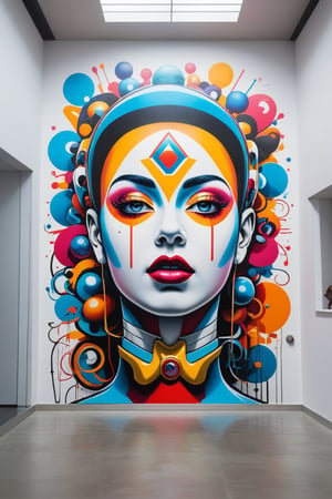Front view of a graffiti museal artwork displayed on the white wall inside a futuristic museum. Bright colors, circus theme, surrealist, close shot. 