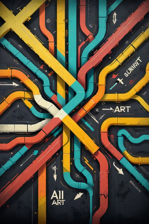 A 3D style artwork that shows (an amazing and captivating street art piece:1.4), ((abstract painting:1.3)), subway map, layered medium, colorful geometric design, (grunge style:1.2), (frutiger style:1.4), (muted colors), (2004 aesthetics:1.2), (beautiful vector shapes:1.3), with (the text "AI-ART":1.6), text block. Swirls, x \(symbol\), arrow \(symbol\), cross \(symbol\), gradient background, sharp details, oversaturated. Dark background. Highest quality, detailed and intricate, original artwork, trendy, mixed media, vector art, vintage, award-winning. Bright colors, close shot, artint, art_booster,make_3d