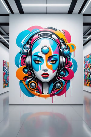 Front view of a graffiti museal artwork displayed on the white wall inside a futuristic museum. Bright colors, surrealist, close shot. 