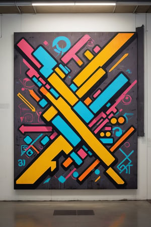 Front view of a graffiti museal artwork displayed on a panel hanged on the white wall inside a futuristic museum. BREAK The artwork is (an amazing and captivating 3D style street art piece:1.4), ((abstract painting:1.3)), colorful minimalistic geometric design, layered medium, (grunge style:1.2), (frutiger style:1.4), (colorful), (2004 aesthetics:1.2), (beautiful vector shapes:1.3) with letter blocks, x \(symbol\), arrow \(symbol\). The artwork has a dark grunge background, sharp details, make_3d, artint. BREAK Wide shot, sharp focus, bright room
