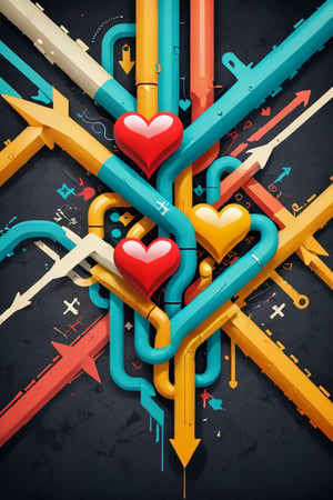 A 3D style artwork that shows (an amazing and captivating street art piece:1.4), ((abstract painting:1.3)), tube map, layered medium, colorful geometric design, (grunge style:1.2), (frutiger style:1.4), (muted colors), (2004 aesthetics:1.2), (beautiful vector shapes:1.3), with (the text "AI-ART":1.6), text block. Swirls, x \(symbol\), arrow \(symbol\), heart \(symbol\), cross \(symbol\), gradient background, sharp details, oversaturated. Dark background. Highest quality, detailed and intricate, original artwork, trendy, mixed media, vector art, vintage, award-winning. Bright colors, close shot, artint, art_booster,make_3d