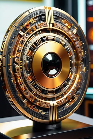 A full shot of a mysterious tecnological object coming from a lost civilization of an ancient past. It is a rock and gold disc made up of five concentric bands filled with the most intricate and sophisticated mechanisms ever seen, (extremely intricate details:1.8), obsessive geometric precision. The disk is supported by a sci-fi display. Centered in the scene, detailed and intricate, masterpiece, DonMCyb3rN3cr0XL 