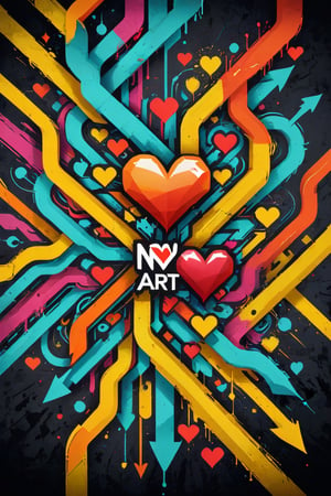A 3D style artwork that shows (an amazing and captivating street art piece:1.4), ((abstract painting:1.3)), layered medium,  colorful geometric design, (grunge style:1.2), (frutiger style:1.4), (colorful), (2004 aesthetics:1.2), (beautiful vector shapes:1.3), with (the text "NEW-ART":1.6), text block. Swirls, x \(symbol\), arrow \(symbol\), heart \(symbol\), gradient background, sharp details, oversaturated. Dark background. Highest quality, detailed and intricate, original artwork, trendy, mixed media, vector art, vintage, award-winning. Bright colors, close shot, artint, art_booster,make_3d