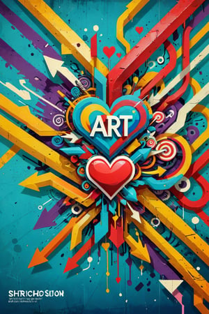 A 3D style artwork that shows (an amazing and captivating street art piece:1.4), ((abstract painting:1.3)), layered medium,  colorful geometric design, (grunge style:1.2), (frutiger style:1.4), (colorful), (2004 aesthetics:1.2),(beautiful vector shapes:1.3), with (the text "ART":1.6), text block. Swirls, x \(symbol\), arrow \(symbol\), heart \(symbol\), gradient background, sharp details, oversaturated. Highest quality, detailed and intricate, original artwork, trendy, mixed media, vector art, vintage, award-winning. Bright colors, close shot, artint, art_booster,make_3d