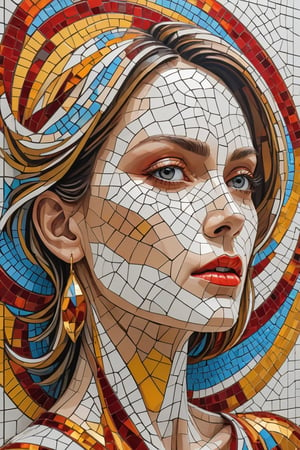 A three-quarter view of a museal artistic (mosaic displayed on a panel:1.2). The panel is hanged on a shiny white wall inside a modern art museum. The artwork represent an abstract woman portrait and vector shapes combination, higly detailed and intricate, made of gold, orange, red and pale blue colored (small tiles:1.2) of glass. Fractal art masterpiece, layered medium, 3D effects, Shi-fi vibes. Wide shot, sharp focus, bright shiny (white room:1.4),art_booster,aesthetic portrait