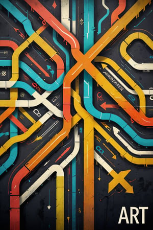 A 3D style artwork that shows (an amazing and captivating street art piece:1.4), ((abstract painting:1.3)), subway map, layered medium, colorful geometric design, (grunge style:1.2), (frutiger style:1.4), (muted colors), (2004 aesthetics:1.2), (beautiful vector shapes:1.3), with (the text "AI-ART":1.6), text block. Swirls, x \(symbol\), arrow \(symbol\), cross \(symbol\), gradient background, sharp details, oversaturated. Dark background. Highest quality, detailed and intricate, original artwork, trendy, mixed media, vector art, vintage, award-winning. Bright colors, close shot, artint, art_booster,make_3d