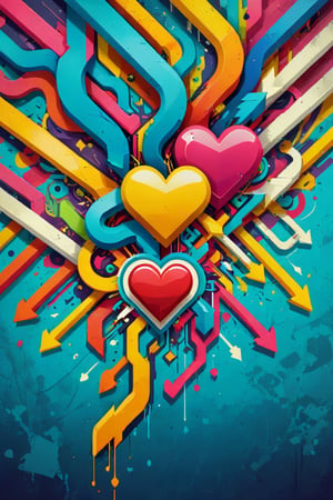 A 3D style artwork that shows (an amazing and captivating street art piece:1.4), ((abstract painting:1.3)), colorful geometric design, (grunge style:1.2), (frutiger style:1.4), (colorful), (2004 aesthetics:1.2),(beautiful vector shapes:1.3), with (the text ART":1.1), text block. Swirls, x \(symbol\), arrow \(symbol\), heart \(symbol\), gradient background, sharp details, oversaturated. Highest quality, detailed and intricate, original artwork, trendy, mixed media, vector art, vintage, award-winning. Bright colors, close shot, artint, art_booster,make_3d