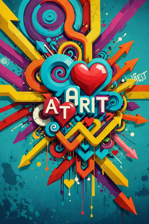 A 3D style artwork that shows (an amazing and captivating street art piece:1.4), ((abstract painting:1.3)), layered medium,  colorful geometric design, (grunge style:1.2), (frutiger style:1.4), (colorful), (2004 aesthetics:1.2),(beautiful vector shapes:1.3), with (the text "ART":1.6), text block. Swirls, x \(symbol\), arrow \(symbol\), heart \(symbol\), gradient background, sharp details, oversaturated. Highest quality, detailed and intricate, original artwork, trendy, mixed media, vector art, vintage, award-winning. Bright colors, close shot, artint, art_booster,make_3d