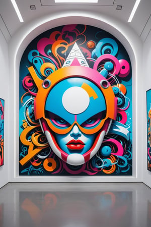 Front view of a graffiti museal artwork displayed on the white wall inside a futuristic museum. Bright colors, surrealist, close shot. 