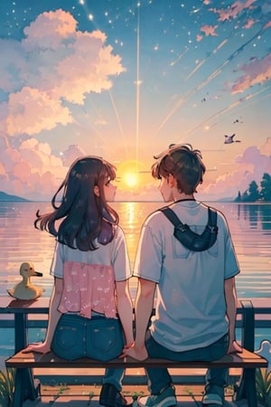 4k,best quality,masterpiece,20yo 1girl

,View from behind,Couple sitting on a bench watching the pink sunset with clouds,and the sun setting,Lake,Ducks and ducklings,cute