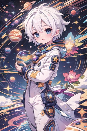 white hair boy, electric blue eyes, smiling, playing with planets, dynamic pose, nebula background, outer space, milky way, galaxy, cosmic, power aura, perfect hands,glitter