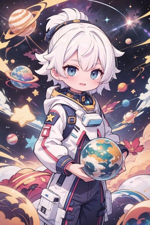 white hair boy, electric blue eyes, smiling, playing with planets, dynamic pose, nebula background, outer space, milky way, galaxy, cosmic, power aura, perfect hands,