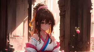 ((mikan yuuki, (brown eyes:1.5), brown hair, hair ornament, hair scrunchie, long hair, pink scrunchie, scrunchie,,)),

masterpiece, best quality, extremely detailed, absurdres, expressive clothes, fine fabric emphasis, ray tracing, fantasy style, 1girl , upper body , portrait , tilted head , hanfu , obi , kimono , (split-color hair:1.4) , off shoulder, pink eyes , Japanese architecture, indoor , light and shadow, crystal flower, crystal,solid warm colors,1 girl, goose feather snow, plum blossom, Arcadia,school uniform,hoshino ai,mikan yuuki