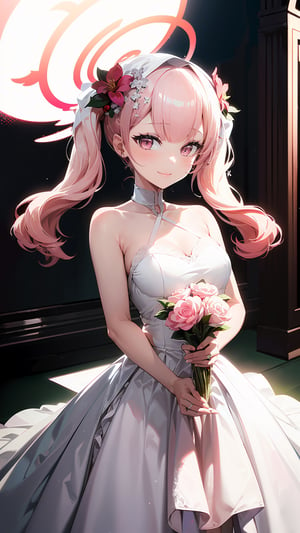 ((koharu, pink hair, medium hair, twintails, tied hair, pink eyes, halo)),

sole,1 girl, 1girl,the bride of chucky holding a single flower in her dress and wearing a wedding veil, 1girl, dress, flower, solo, smile, wedding dress, hair ornament, bare shoulders, hair flower