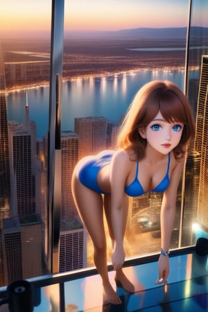 cartoon selfie full body of a beautiful caucasian girl  25 years old ,brown hair, blue eyes  wearing a skimpy blue bikini and sunglass stand up in a transparent glass floor  at sunset  in a Chicago  as background in 4k.,better photography,Extremely Realistic,disney pixar style