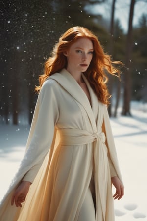 raw photograph, film still of a beautiful ginger woman mage wearing cloack in the snow, gorgeous, allure, TJ Drysdale, edward hopper